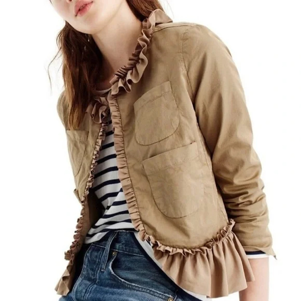 J Crew Size 0 Ruffle Chino Jacket Tan Ridge Khaki Tan G7578 *as is* - Picture 2 of 12